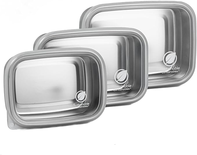 Stainless Steel Food Storage Containers with Clear Platinum Silicone Lids, Airtight, Leakproof 18/8 (304) Food Grade SS Nested 3Pk 20/30/40 oz Plastic-Free