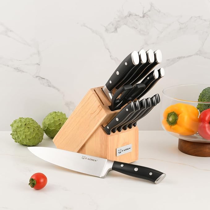 15-Piece German Steel Kitchen Knife Set with Block | ABS Ergonomic Handles For Chopping & Slicing. Includes Shears & Durable Storage Base