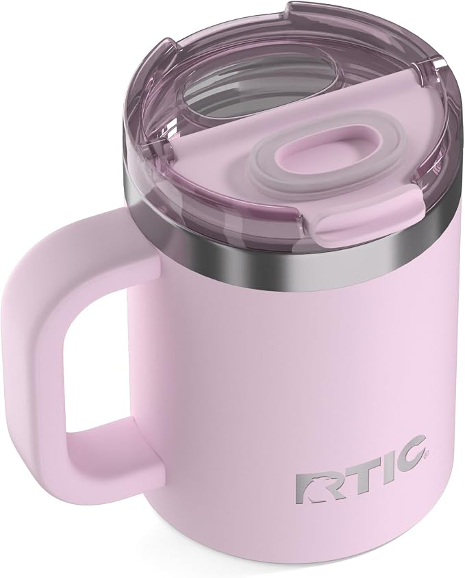 RTIC 12oz Essential Mug with Lid and Handle, Ceramic Lined, Insulated, Stainless Steel, Metal, Double Wall Vacuum-Insulation, Portable, Travel Cup for Hot and Cold Drink, Pale Pink