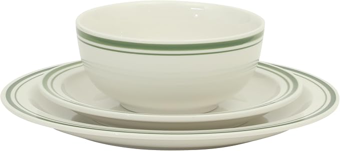 Gibson Home Hometown Diner 12-Piece Porcelain Dinnerware Set, Round Plates and Bowls Set for 4, White with Green Rim, Dishwasher Safe – Dinner Plate, Salad Plate & Cereal Bowl