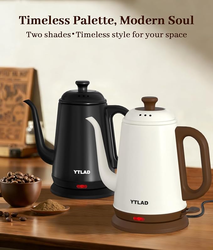 Gooseneck Electric Kettle 1L, 1000W, Pour-Over Coffee & Tea | Precise Flow Spout, 304 Stainless Steel, BPA-Free, Fast Boiling, Auto Shut-Off & Boil-Dry Protection, Retro Design (White)