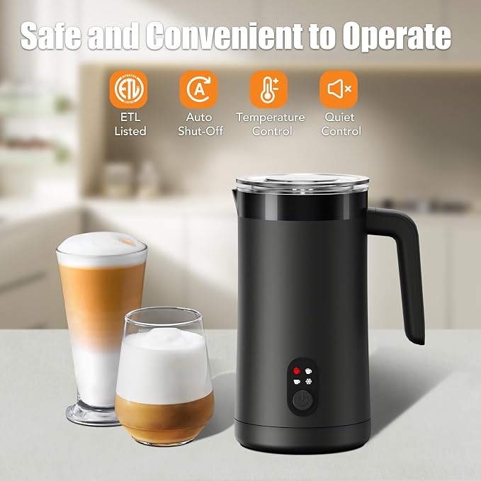 Milk Frother, 4-in-1 Milk Steamer and Frother, 13.5oz, Black | Large Capacity Electric Milk Steamer, Hot & Cold Foam Maker and Milk Warmer, Frother for Coffee, Latte, Cappuccino, Macchiato