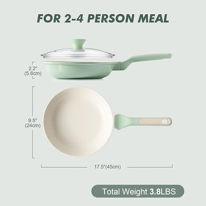 SENSARTE 9.5In Nonstick Ceramic Frying Pan with Lid, PFAS/PTFE Free, Green | Ceramic Omelette Pan Skillet, Healthy Non-toxic Chef's Pan, Induction Compatible Pan, Heat Resistant Handle