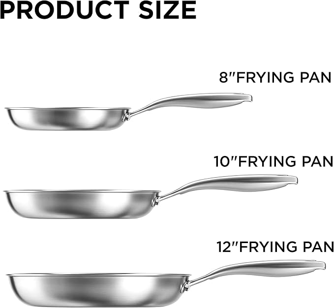 COOKER KING Nonstick Frying Pan Set of 3 (8+10+12 Inch),Stainless Steel Pan | Induction Pan, Non stick Skillet, Easy-Clean, Non-Toxic, Fast & Even Heating, Oven & Dishwasher Safe, Stay-Cool Handles