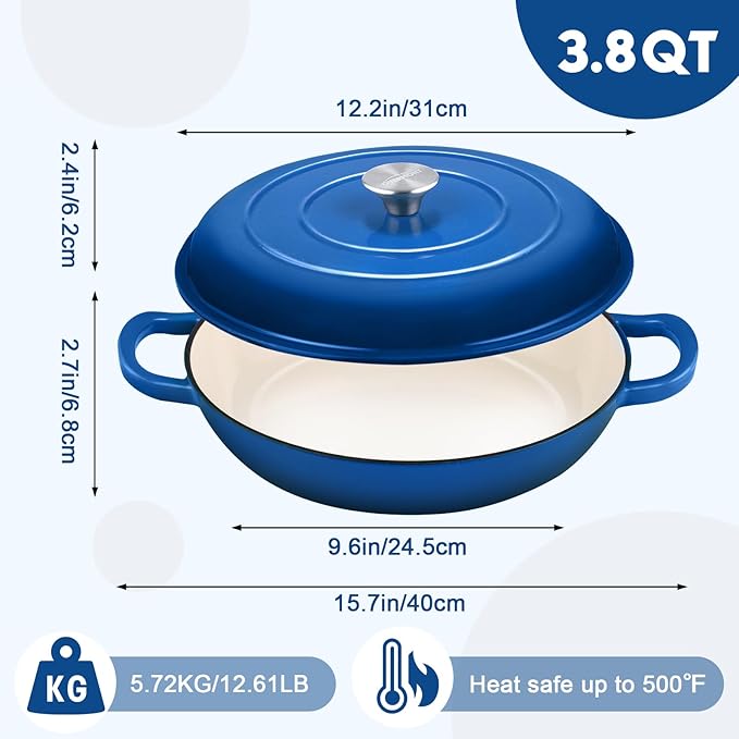 Overmont Enameled Cast Iron Dutch Oven - 3.8 QT Shallow Braiser with Recipe | Enameled Casserole with Lid Potholders, Oven Safe up to 500°F, Cast Iron Cookware for Grilling Searing Roasting Braising Bake