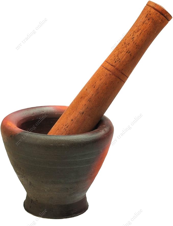 Thai & Laos Kruk Grinding Earthenware Clay Mortar with Palm Wooden Pestle, 6.75 Inches