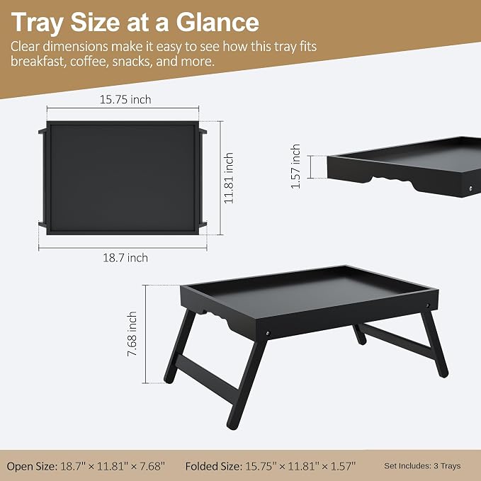 Medium Bamboo Breakfast Trays for Bed, Folding Legs, 3 Pack, Black | 3 medium black bamboo breakfast trays with folding legs, raised edges and side grips for meals, laptops, snacks and serving.