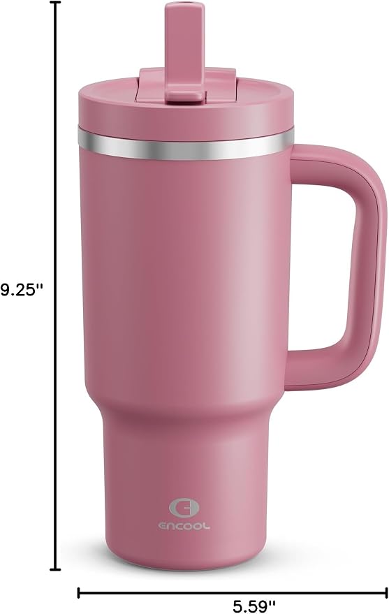 ENCOOL 32 oz Tumbler with Handle and Straw: Stainless Steel Insulated Tumbler Keeps Cold for 24 Hours, Leakproof Travel Cup Fits in Cup Holder and BPA-Free,Turkish Rose