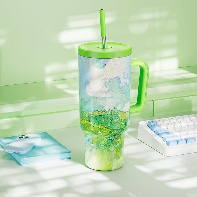 Meoky 40 oz Tumbler with Handle and Straw: Stainless Steel Insulated Tumbler with Lid and Straw - 100% Leak Proof Tumbler for Car Cup Holders - Travelers Commuters Workers, Spring Field