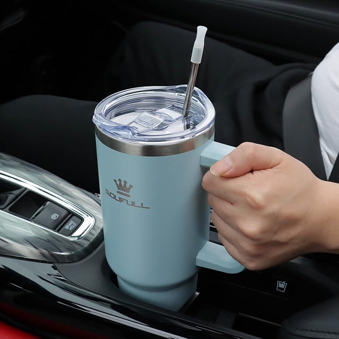 Soufull 40 oz Tumbler with Handle and Straw Lid, 100% Leak-proof, SkyBlue | Stainless Steel Insulated Travel Coffee Cup, Keeps Cold 34Hrs or Hot 10Hrs, Dishwasher Safe