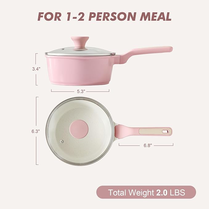 SENSARTE Ceramic Nonstick Saucepan with Lid 1.5 QT, PTFE/PFAS Free, Pink | Small Kitchen Cooking Pot with Stay Cool Handle, Induction Compatible, Ceramic Coating