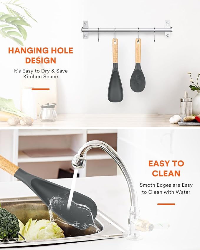Cooking Spoon and Rice Scooper for Nonstick Cookware,Multi-function | Great for Cooking and Serving, Sturdy BPA-Free Matte Silicone, Wood Handle Spoon for Mixing, Scoop, and Scrape,9.3"+14.3"