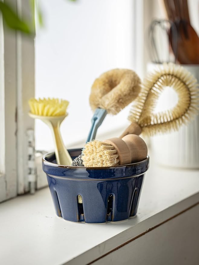 Gomakren Ceramic Berry Basket Set of 2, Fruit Bowl with Holes, Cobalt Blue | Drain Holes Keep Berries Fresh, Stackable Space-Saving, Dishwasher Safe, Versatile Fruit Serving & Farmhouse Kitchen Decor
