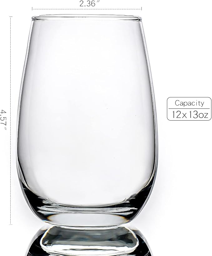 Stemless Wine Glasses Set of 12, 13 Oz | Clear Red White Wine Glass for Party, Wedding, Anniversary