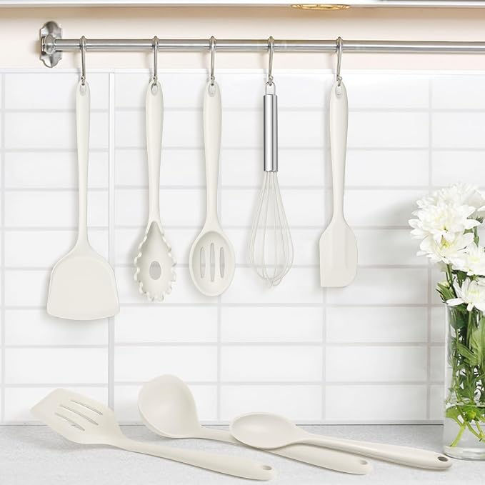TeamFar Silicone Cooking Utensils Set, 8 PCS Kitchen Utensils Set, White | 446°F Heat Resistant Turner, Spatula, Spoon, Whisk, Kitchen Cooking Gadgets Tools, for Nonstick Cookware, Dishwasher Safe