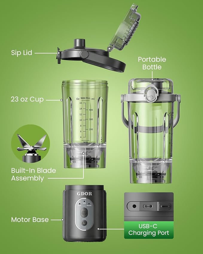 GDOR Portable Smoothie Blender, Twist & Go, Personal Blender Shakes and Smoothies, 3 Auto Programs, Ice Crush, 2x23 oz, Cordless, Dishwasher Safe, BPA-Free