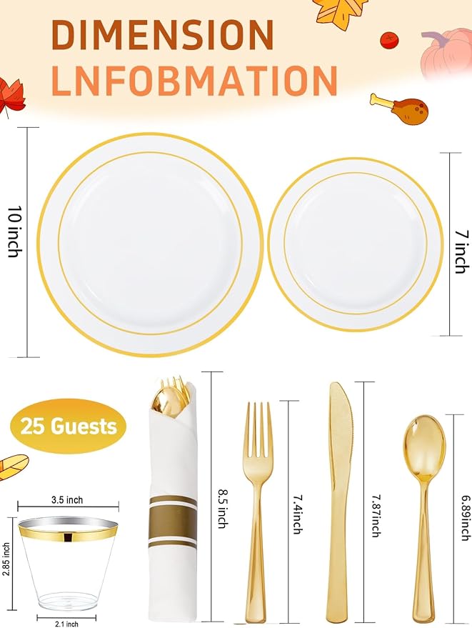 175PCS White and Gold Plastic Plates - Gold Plates with Rolled Napkins for Party - 25Guest Disposable Dinnerware Sets for Wedding/Baby Shower/Birthday