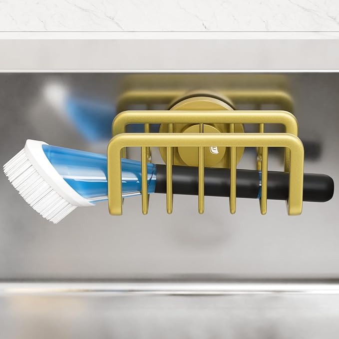 TAILI Gold Sponge Holder for Kitchen Sink with Strong Suction Cup | Removable Sink Caddy for Kitchen Sink Oganizer, Rustproof Aluminum Sink Sponge Holder for Scraper Brushes, Stoppers