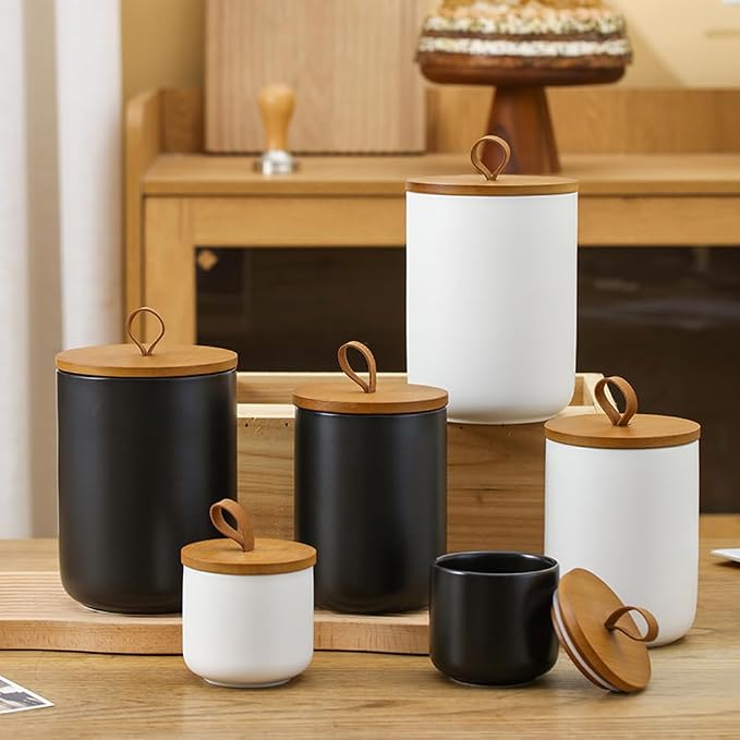 Ceramic Storage Jars, Modern Airtight Canisters with Wooden Lid (White tuba)