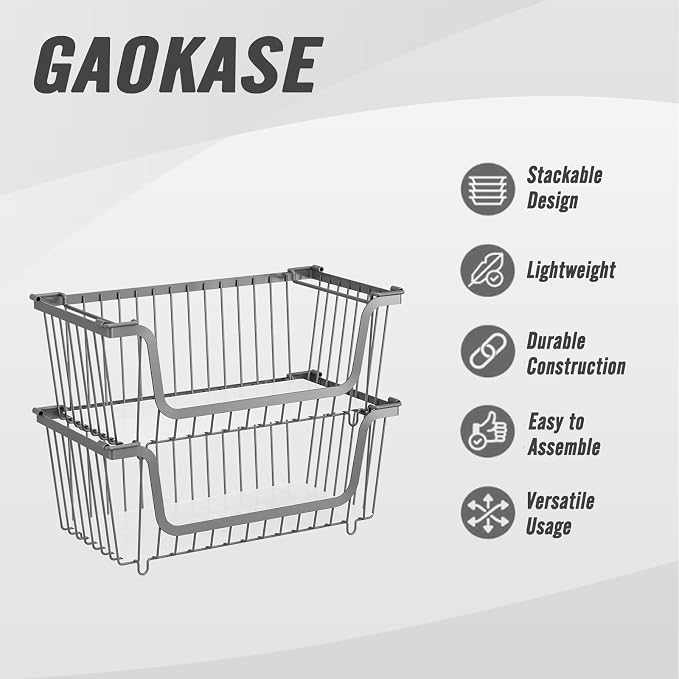 4 Pcs Stackable Wire Baskets for Pantry Organizers and Storage, | Vegetable Fruit Basket for Countertop,Kitchen Storage Metal Baskets,Produce Potato Onion Storage Bin,Gray