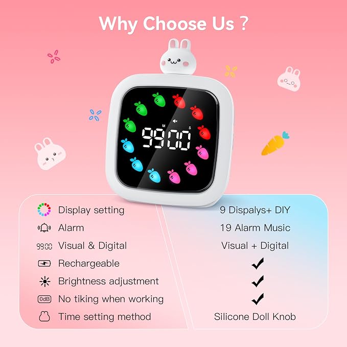 Digital Visual Timer for Kids, 99-Minute Countdown, Rechargeable | 19 Music Alarm, Pause Function, 9 Optional DIY Color Carrot Display, Rabbit Doll, for Study, Homeschool, Kitchen