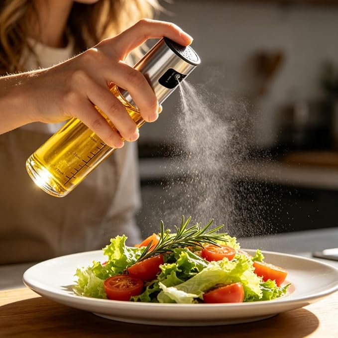 2 Pack Olive Oil Sprayer for Cooking (100ml x 2), Glass Olive Oil Spray Bottle with Scale, Stainless Steel Top Oil Mister for Air Fryer, Salad, BBQ, Frying, Baking -Kitchen Oil Sprayer