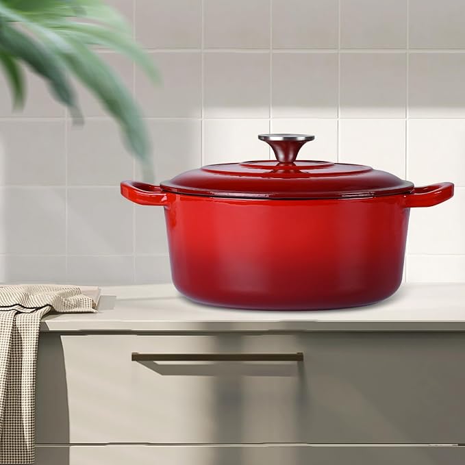 6 Quart Dutch Oven with Lid, Leonyo 6QT Enameled Cast Iron Dutch Oven for Sourdough Bread Baking, Heavy Duty Cookware for Braising, Stews, Roasting, Red