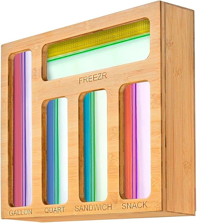 Food Storage Bag Organizer for Kitchen Drawer — Bamboo Plastic Bag Holder with 5 Slots for Gallon, Freezer, Quart, Sandwich and Snack Zip Top Bags, Drawer Organization (13.9 x 11.9 x 3.5 in)
