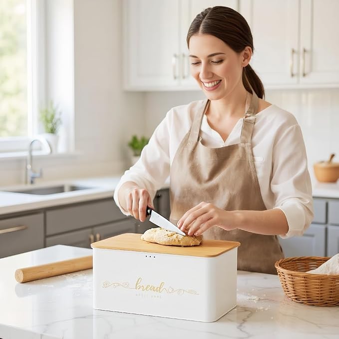 Bread Box with Bamboo Cutting Board Lid, Metal Bread Box for Kitchen Counter, Small Bread Storage Container, Cream Bread bin for Kitchen Countertop