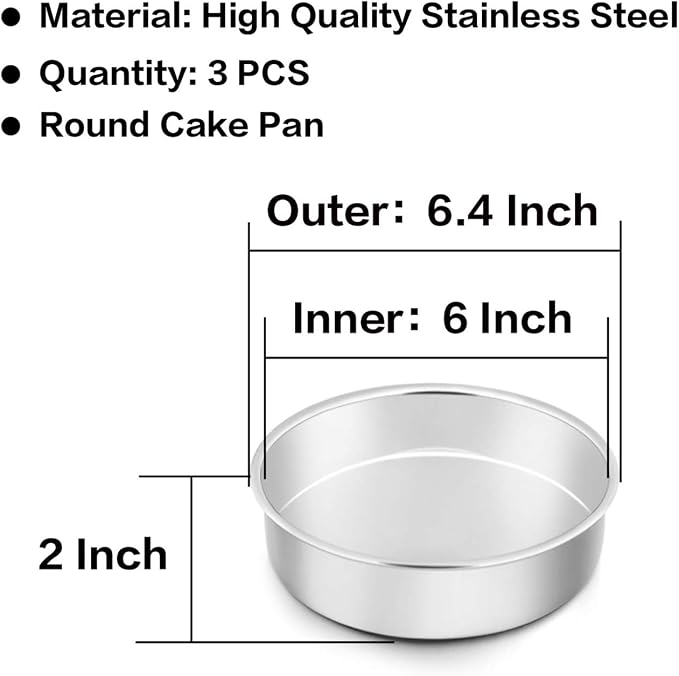 TeamFar 6 Inch Cake Pan, Stainless Steel Round Smash Cake Pan Baking Pans | Set of 3, Tier Cake Baking Pans, Fit in Pot Pressure Cooker Air Fryer, Healthy, Non-Toxic, Mirror Finish, Dishwasher Safe