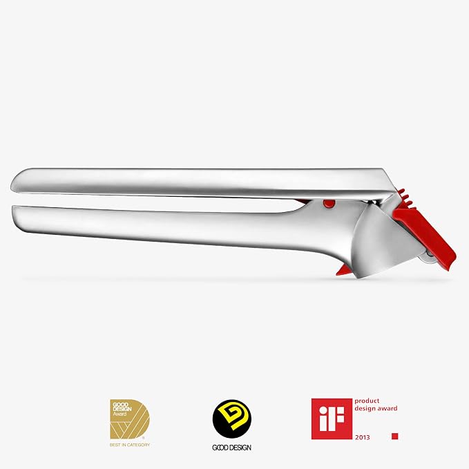 Dreamfarm Garject Garlic Press with Peel Ejector & Scraper - Red | No-peel mincer with skin eject button, crushes up to 3 cloves, dishwasher safe, durable chrome-plated zinc