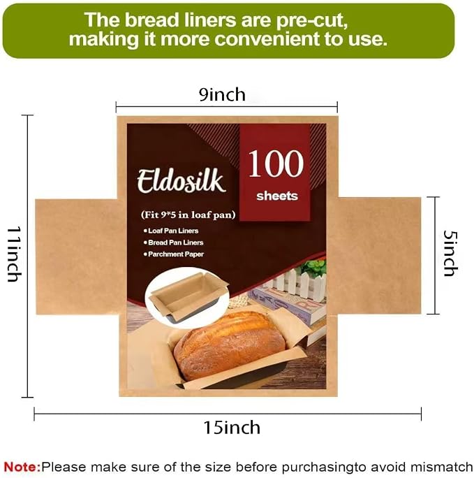 Unbleached Parchment Paper Loaf Pan Liner - Precut 9''x5'' Non-Stick, Fits 8.5''x4.5''/10''x5'' Loaf Pans, Heat-Resistant 430°F BPA-Free Food-Safe for Bread Baking (100 Pcs)