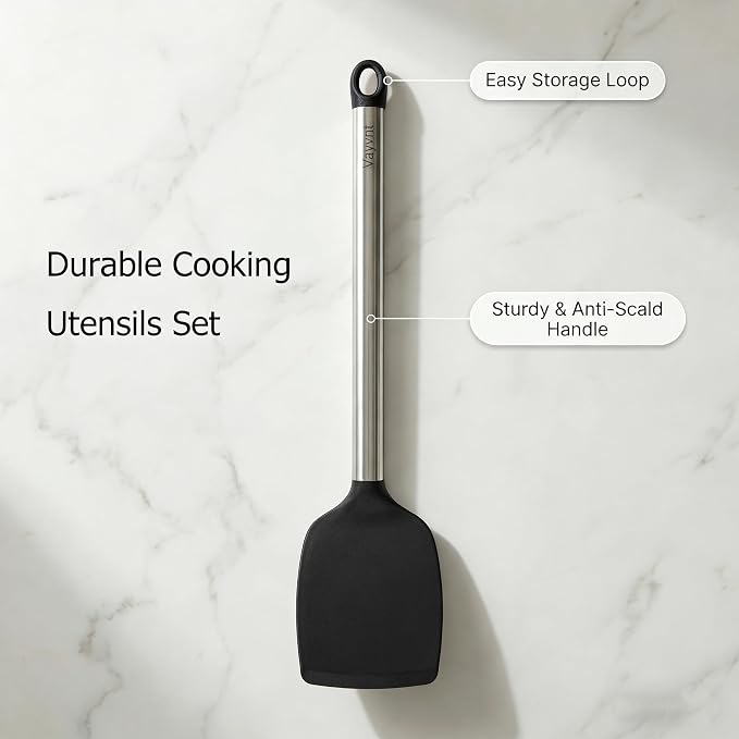 Vayvnt 4 Pieces Silicone Kitchen Utensils Set for Nonstick Cookware, Black | Spatula and Spoon Set, Heat Resistance, Non Toxic, Silicone Utensils for Cooking, Stainless Steel Handle, Dishwasher Safe