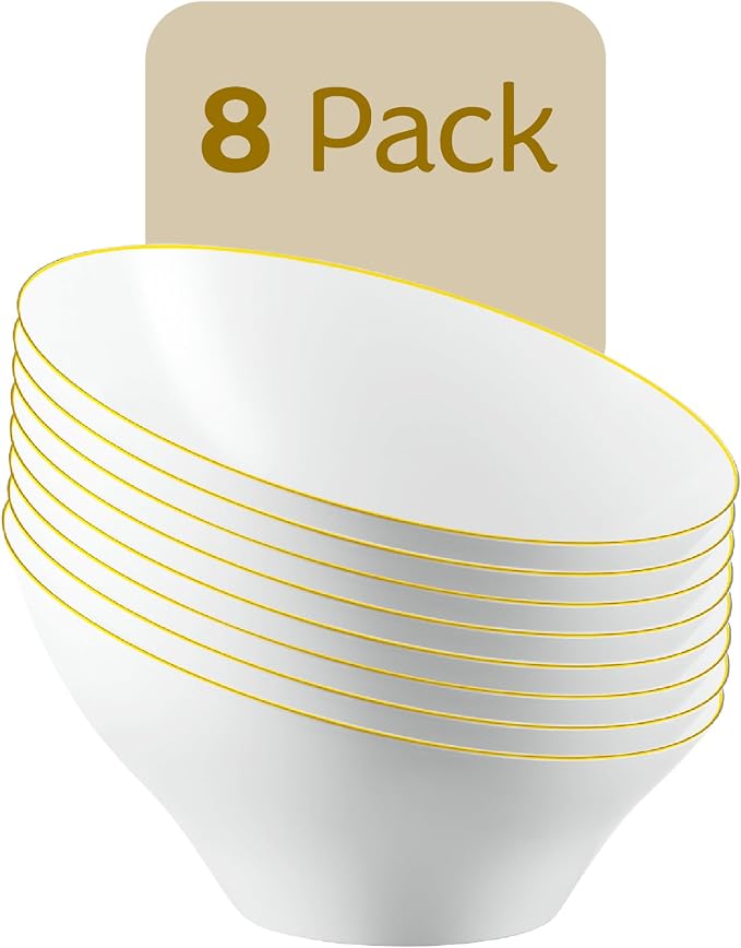 PLASTICPRO Angled Plastic Bowls Disposable Small Plastic White Serving Bowls with Gold Rim for Party for Appetizer Salads Pack of 8
