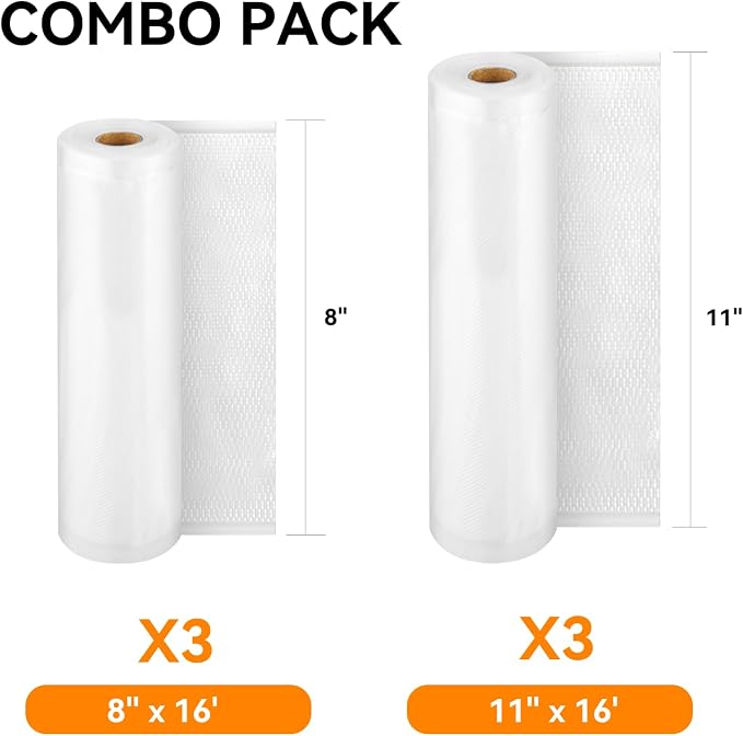 Wevac Vacuum Sealer Rolls Bags, 6 Pack 3 Rolls 11" x 20' + 3 Rolls 8" x 20' | BPA Free, Commercial Grade,Custom Length, Different Sizes Food Saver Bags Rolls,Textured Surface, Sous Vide Cooking