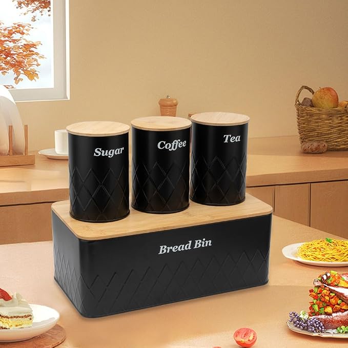 Black Metal Bread Box with Cutting Board,3 Canisters for Kitchen | Coffee Tea Sugar Container Storage Set Bread Bin with Bamboo Lid for Kitchen Countertop Bread Box Set