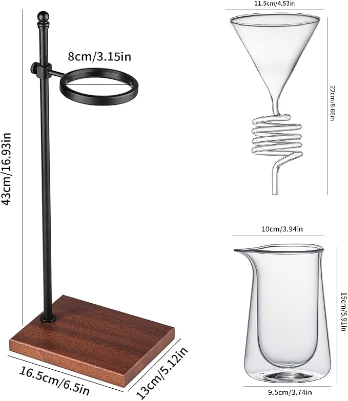 Pour Over Coffee Maker Set, with Adjustable Coffee Stand, Double Layered Glass Coffee Pot, Spiral Shaped Coffee Filter