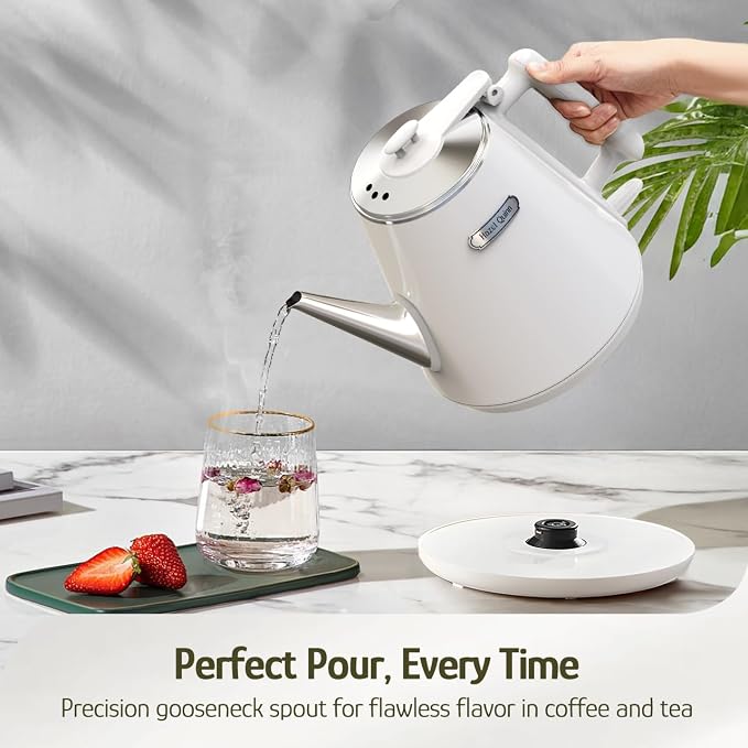 Hazel Quinn Electric Kettle, 1L/34oz Small Tea Kettle - Pearl White | 800W Fast Boil, 304 Stainless Steel Interior, Double-Wall Cool Touch, Gooseneck Spout, Auto Shut-Off, BPA-Free Cordless Home