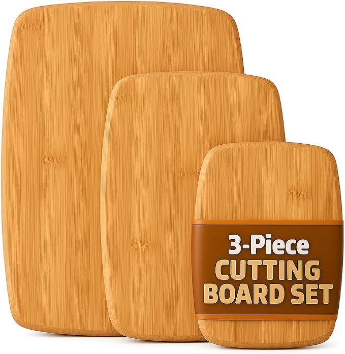 Bamboo Cutting Board Set for Kitchen - 3 Piece Reversible Wooden Cutting Boards, Wood Chopping Boards for Meat, Bread, Fruit, Cheese, Meal Prep, Wood Board and Charcuterie Serving Boards by Bambusi