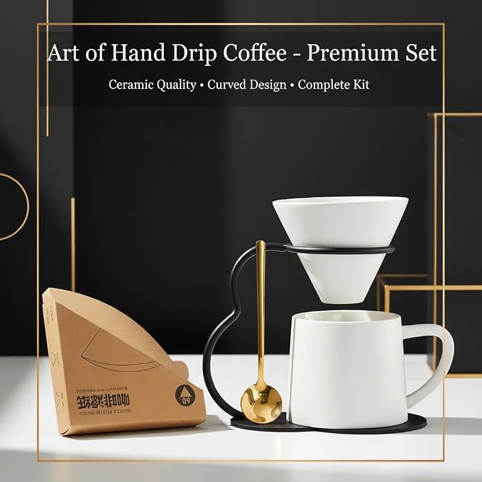 Pour Over Coffee Maker set,Ceramic Coffee Maker With V60 40 pcs Paper Filter,Metal Stand 9oz 270ml mug Pour Over Coffee Dripper White