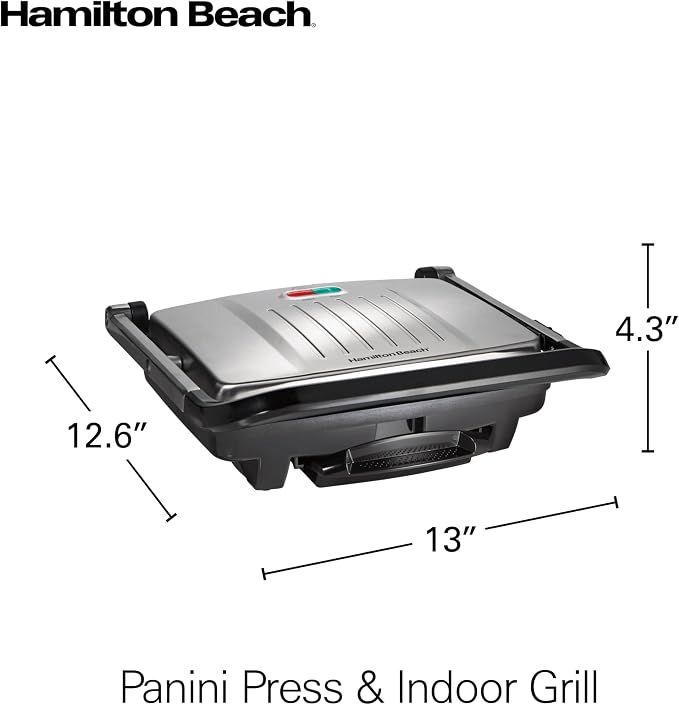 Hamilton Beach Panini Press, Sandwich Maker & Electric Indoor Grill | Floating Hinge Evenly Cooks Any Sandwich | Locking Lid | PFAS-Free Non-Stick 8" x 10" Grids | Stainless Steel