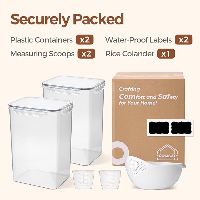 ComSaf Airtight Rice Storage Container with Lid 10Qt 2Pack, Large Capacity | 9.5L Plastic Food Canister, Rice Sugar Flour Cereal Oats Pasta, Pantry Kitchen Cabinet, Label, Scoop, Rice Washer, BPA-free