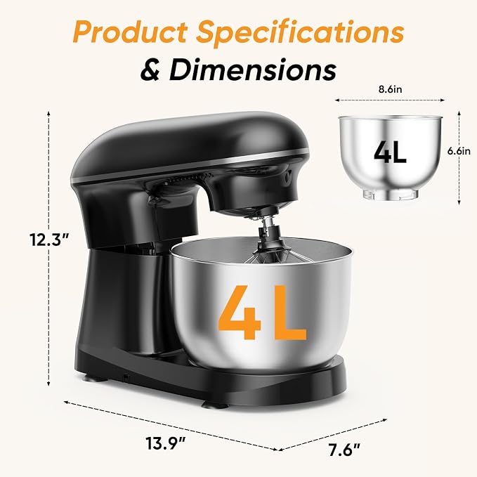 NEWBULIG Stand Mixer 4.2QT, Kitchen Electric Mixers Alternative | 10-Speed Dough Hook, Whisk, Beater & Splash Lid, Multi-Cover for Baking, Cakes and Home Cooking Needs