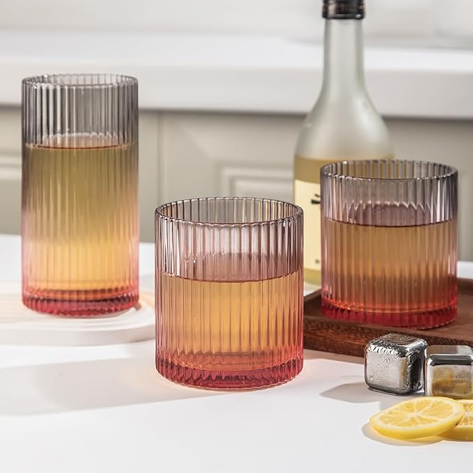 Ribbed Drinking Glasses 8pcs, 12oz and 10oz Glassware, Tumbler Glasses Cup Set for Wedding, Party, Christmas Gift, Grey Pink
