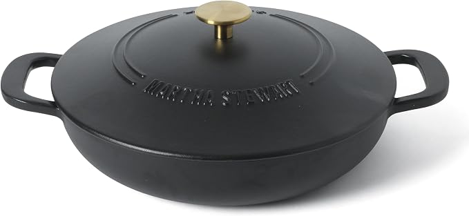 Martha Stewart Gatwick Enameled Cast Iron Braiser with Lid, 3.5-Quart Braiser Pan for Stovetop & Oven, Cast Iron Braising Pan with Gold Knob, Matte Black