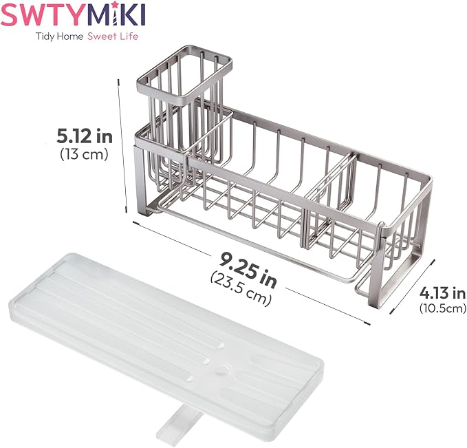 SWTYMIKI Sponge Holder for Kitchen Sink - Sink Caddy with Brush Holder Self-draining Sponge Caddy Organizer with Divider Stainless Steel Kitchen Accessories Storage for Countertop, Sand Nickel