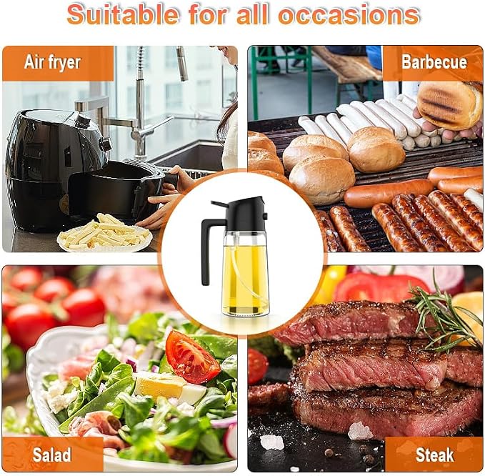 Glass Olive Oil Sprayer 16oz/470ml – 2-in-1 Oil Dispenser & Spray Bottle for Cooking, Portion Control, Salad, Air Fryer, BBQ – Leak-Proof, Fine Mist Bottle with 6 Decorative Labels (Black)