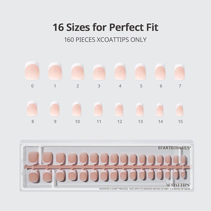 BTArtboxnails XCOATTIPS White French Tip Press On Nails, XS Squoval, Nude | Lamp-Curable 4-Week Wear, Salon Quality Value at Home, Natural Nail Look, Easy-to-Apply for Beginners, 160ct Nail Tips Only