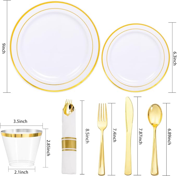 350Piece Gold Dinnerware Set for 50 Guests - Gold Plastic Plates with Disposable Cutlery - 50Dinner Plates-50Dessert Plates-50Pre Rolled Napkins with Silverware for Wedding/Birthday