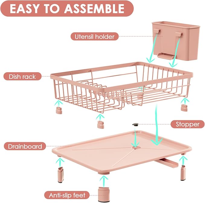 Dish Drying Rack, Stainless Steel-Dish Rack, Dish Racks for Kitchen Counter, Kitchen Dish Drainers with Removable Utensil Holder,New Drain Outlet,Plate Rack and Drainboard,(Pink-11 W x 15" L)